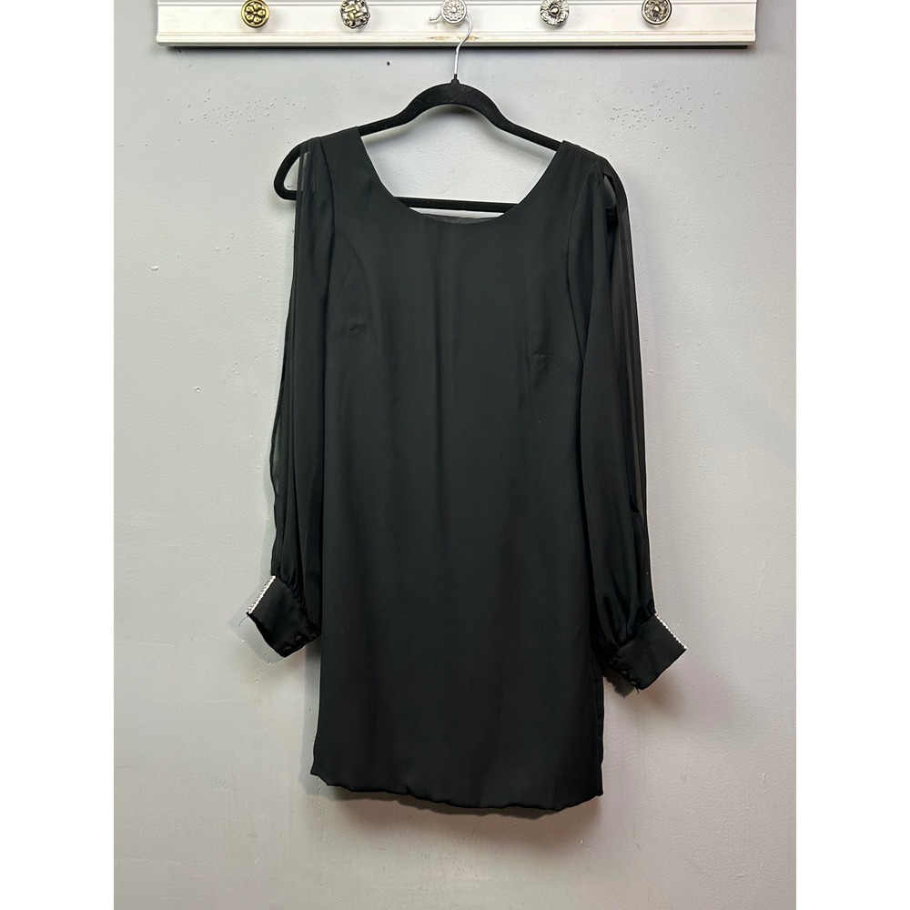 Cache Black‎ Sheer Sleeve Jeweled Cuff Shift Dress Size 2